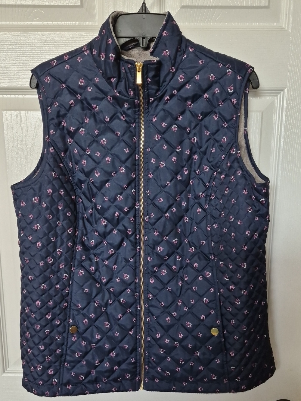 Basic Editions Navy Quilted Floral Vest with Pink Accents